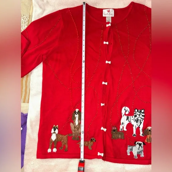 Vintage Quacker Factory Red Cardigan with Puppy Dog Embroidery XL Bone Buttons - Picture 4 of 8